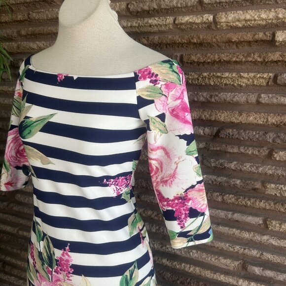 Eliza J Off Shoulder Striped Rose Floral Long Sleeve Dress Size 6 - Picture 7 of 10